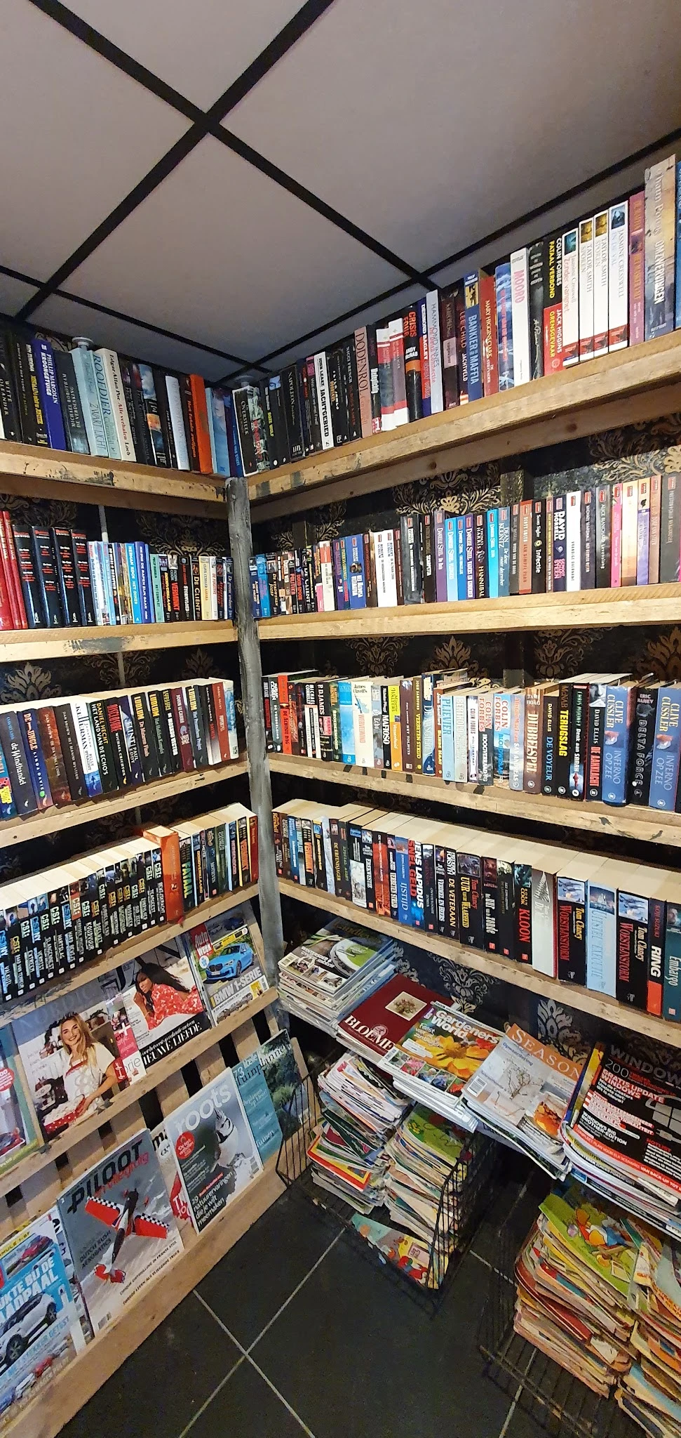 Houten stellingen met honderden dvd's en blu-rays netjes op rij gerangschikt
