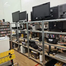 Metalen stellingen met elektronica, boeken en diverse tweedehands items in een kringloopwinkel