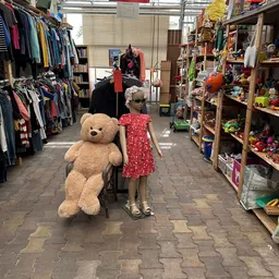 Winkelvloer met mannequin in rode jurk en grote teddybeer, omringd door kledingrekken en speelgoedrekken
