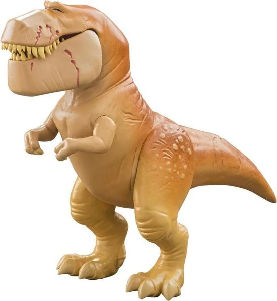 Plastic dinosaurus speelgoed met bruine/gele kleur en details op het lichaam