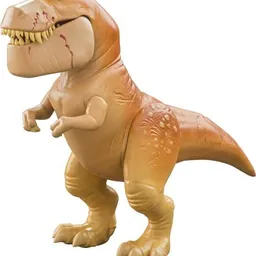 Plastic dinosaurus speelgoed met bruine/gele kleur en details op het lichaam