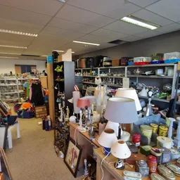 Winkelvloer met stellingen vol serviesgoed, lampen en huishoudelijke spullen in een kringloopwinkel