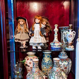 Vitrinekasten met antieke porseleinpoppen, vazen en decoratief porselein op rode achtergrond