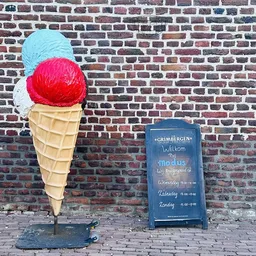 Gevel van bakstenen muur met decoratieve ijshoorn en bord met openingstijden