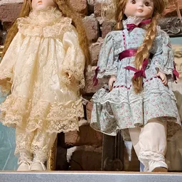 Tweedehands kinderjurken op hangers, waaronder een creme kanten jurk en een gebloemde jurk met roze strik.