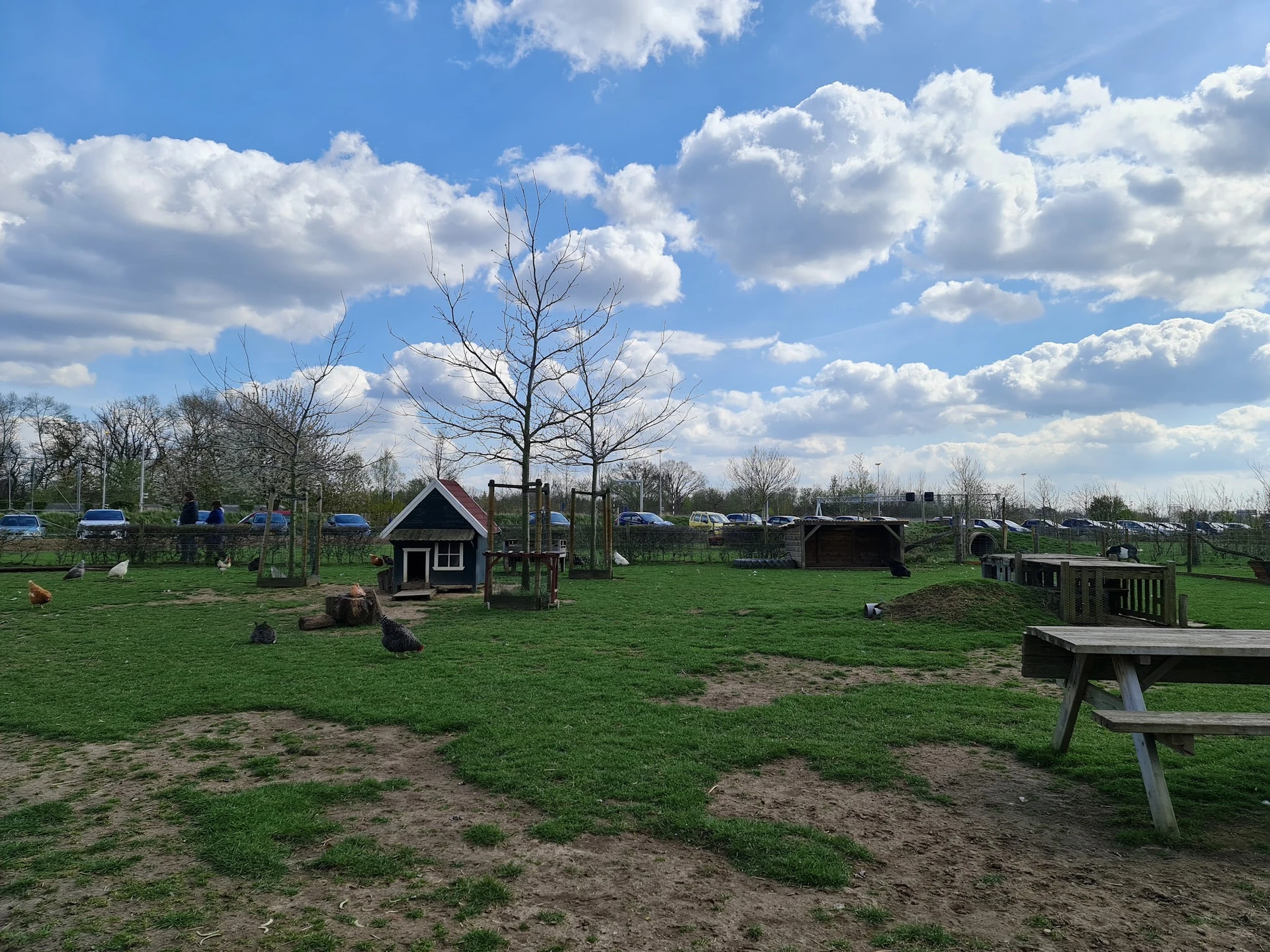 Groen terrein met speeltoestellen, houten huisjes en bankjes onder bewolkte hemel