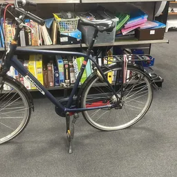 Zwarte damesfiets met rode accenten en fietsmand, geparkeerd in de winkel
