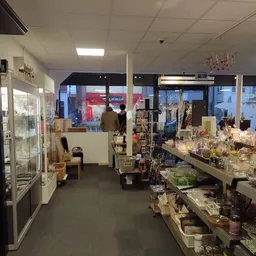 Winkelvloer met stellingen en toonbanken vol decoratie, glazen kasten en verzamelobjecten