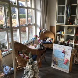 Lichte winkelruimte met rattan meubels, speelgoed, decoratie en uitgangsborden bij grote ramen met uitzicht op tuin