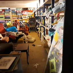 Rommelige winkelruimte met boeken op planken, meubels en spullen op de vloer