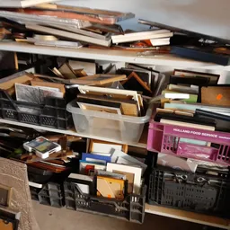 Stellingen vol met gemengde tweedehands spullen, boeken, dozen en huishoudartikelen in ongeorganiseerde opstelling
