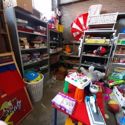 Rommelig interieur van kringloopwinkel met speelgoed, dozen en artikelen op de vloer en in stellingen