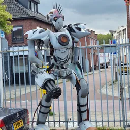 Grote witte en grijze robot-sculptuur achter metalen hek buiten de winkel