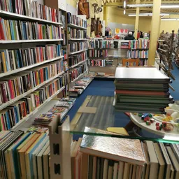 Binnenaanzicht van kringloopwinkel met boekenrekken, media-afdeling en uitgestalde spullen op de vloer