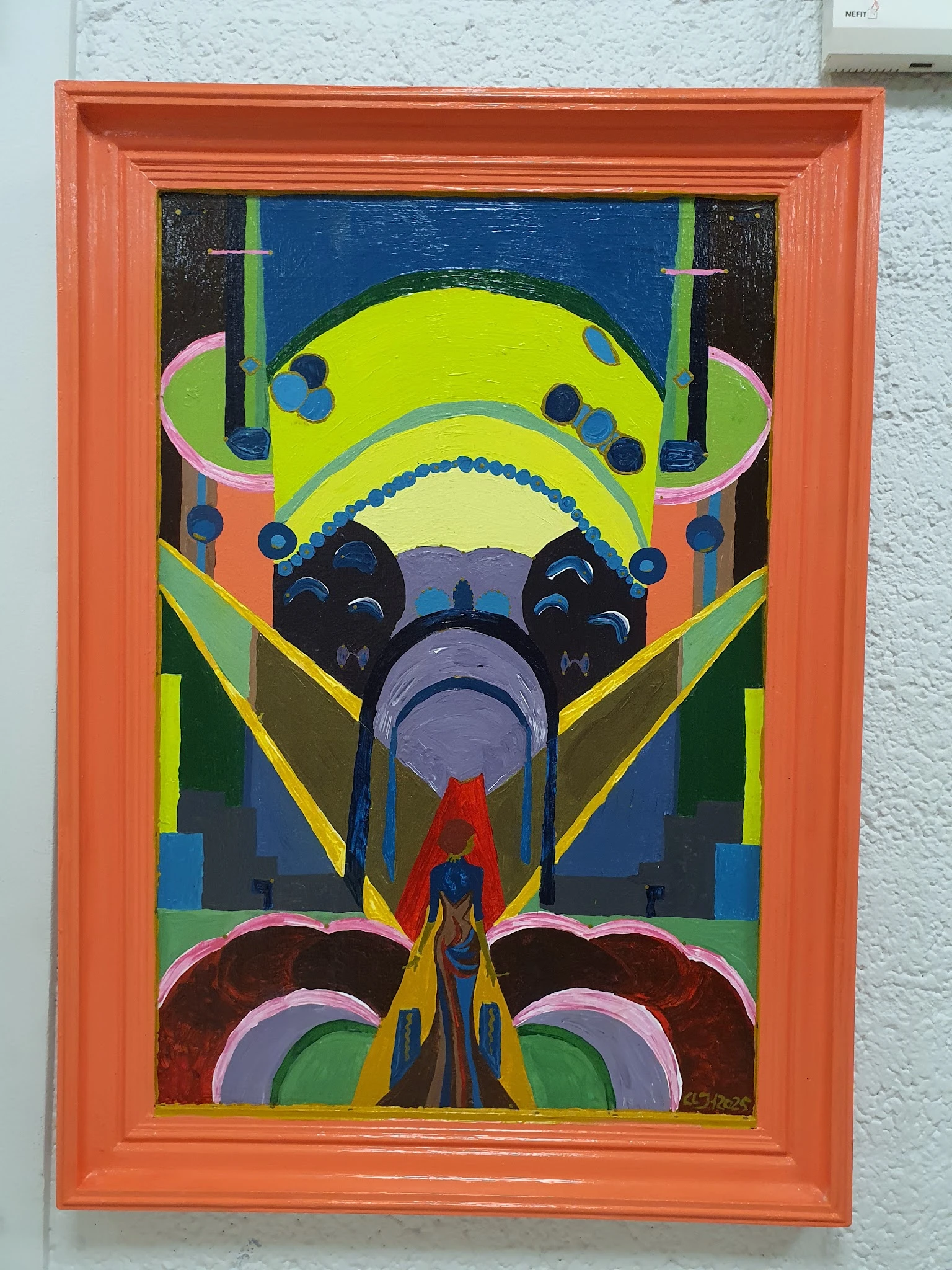 Kleurrijke abstracte schildering met geometrische vormen in neon- en pasteurtinten