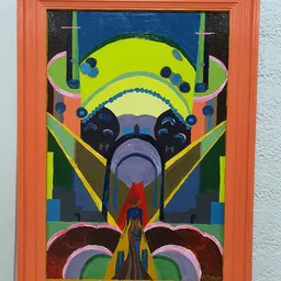 Kleurrijke abstracte schildering met geometrische vormen in neon- en pasteurtinten