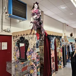 Winkelvloer met kledingrekken, decoratie en een opgestelde etalagepop met bloemen