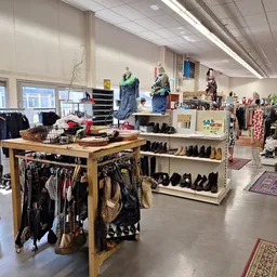 Overzicht van winkelruimte met kledingrekken, tafels met kleding, schoenen en accessoires, mannequins, en natuurlijk licht va