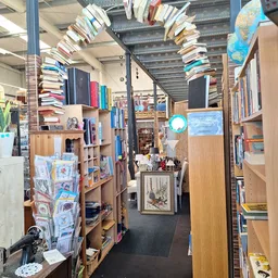 Overzicht van de winkelruimte met houten stellingen vol boeken, kasten en diverse tweedehandsartikelen