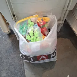 Plastic tas met groenten waaronder paprika's, sla en ander fruit en groente