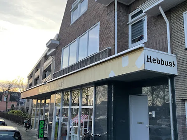 Gevel van kringloopwinkel Hebbus! met etalageruiten en ingang aan de Meppelerstraatweg