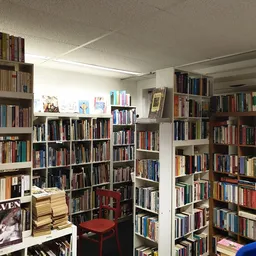 Binnenaanzicht van kringloopwinkel met uitgebreide boekenkasten langs de muren, rode stoel en diverse items op stellingen
