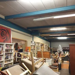 Winkelinterieur met boekenkasten, houten meubels en kerstdecoratie