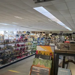 Overzicht van de winkelvloer met vele rekken en vitrines vol met tweedehands spullen, verzamelaars items en huisraad onder fl