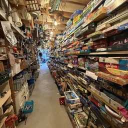 Gangpad tussen rekken met dozen en spullen in een kringloopwinkel