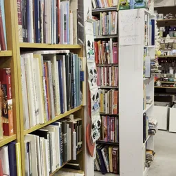 Verschillende boekenrekken met tweedehands boeken en dvd's, waaronder een geel en wit rek met diverse titels