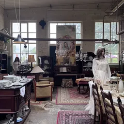 Ruim interieur van kringloopwinkel met meubels, servies, lampen en decoratieve items; grote ramen met daglicht