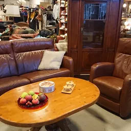 Zithoek met bruinleren meubels, houten tafel met fruit en decoraties, winkelvloer op achtergrond