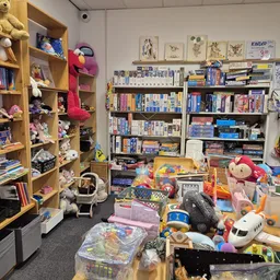 Rommelige winkelruimte vol speelgoed, boeken, poppen en verschillende voorwerpen op tafel en planken