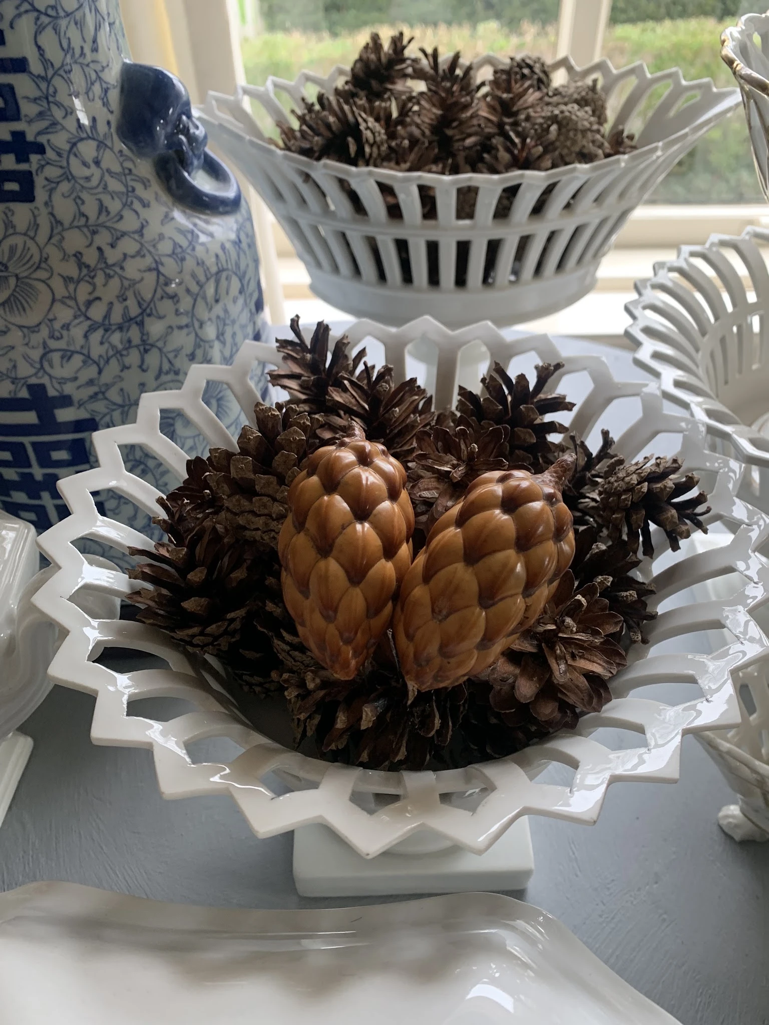 Twee bruine dennenappels in een wit decoratief schaaltje, omgeven door donkere dennenappels