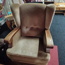 Bruine fauteuil met crème kleurige bekleding en houten armleuningen, gezien van voren