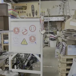 Whiteboard met verkeersborden en waarschuwingssymbolen in een werkruimte