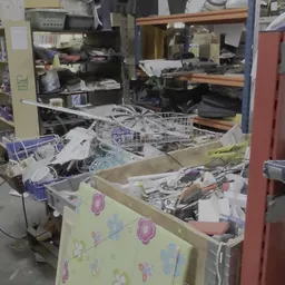 Dozen met uiteenlopende tweedehands spullen en huishoudelijke artikelen in een kringloopwinkel