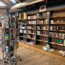 Binnenzicht van kringloopwinkel met grote boekenkasten tegen de muur en een houten toonbank in de voorgrond