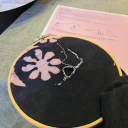 Close-up van een zwart borduurwerk met roze bloemmotief op gele ring