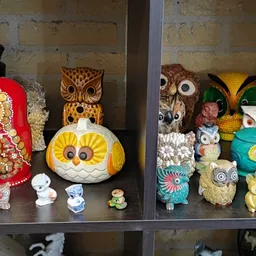 Verzameling decoratieve uilen en poupées in verschillende stijlen en kleuren in een glazen vitrine