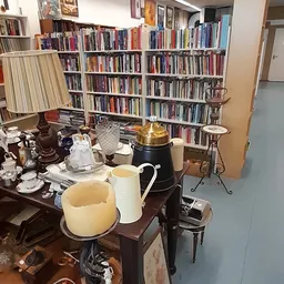 Binnenkant van kringloopwinkel met boekenkasten, tafel met serviesgoed en decoratieve objecten