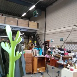 Overzicht van kringloopwinkel met diverse meubels, huishoudartikelen en decoratie waaronder een groen decoratief cactusbeeld