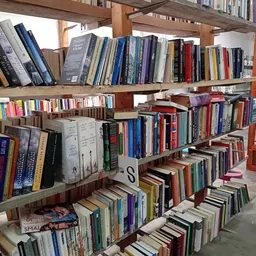 Boekenkasten en stellingen vol met tweedehands boeken in verschillende genres en kleuren