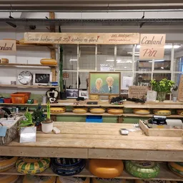 Toonbank van kringloopwinkel met houten werkblad, houten planken, potplanten, servies en decoratieve items
