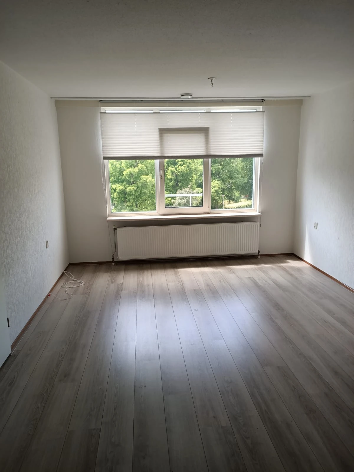 Leeg appartement met houten vloer, radiator en raam met uitzicht op groen