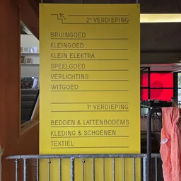 Geel bord met categorieën tweedehands goederen in Nederlands