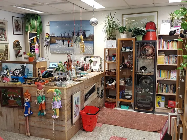 Kringloopwinkel interieur met houten toonbank, boekenkast, decoraties en diverse tweedehandsartikelen