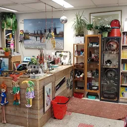 Kringloopwinkel interieur met houten toonbank, boekenkast, decoraties en diverse tweedehandsartikelen
