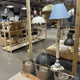 Uitgestalde lampen en verlichting in een kringloopwinkel, waaronder staande lampen met verschillende kleuren kapjes