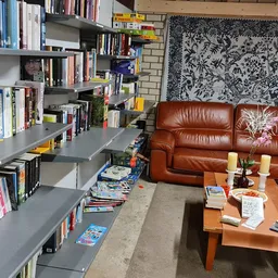 Binnenaanzicht van kringloopwinkel met boeken in stellingen, bruinleren bank en houten salontafel met decoratie